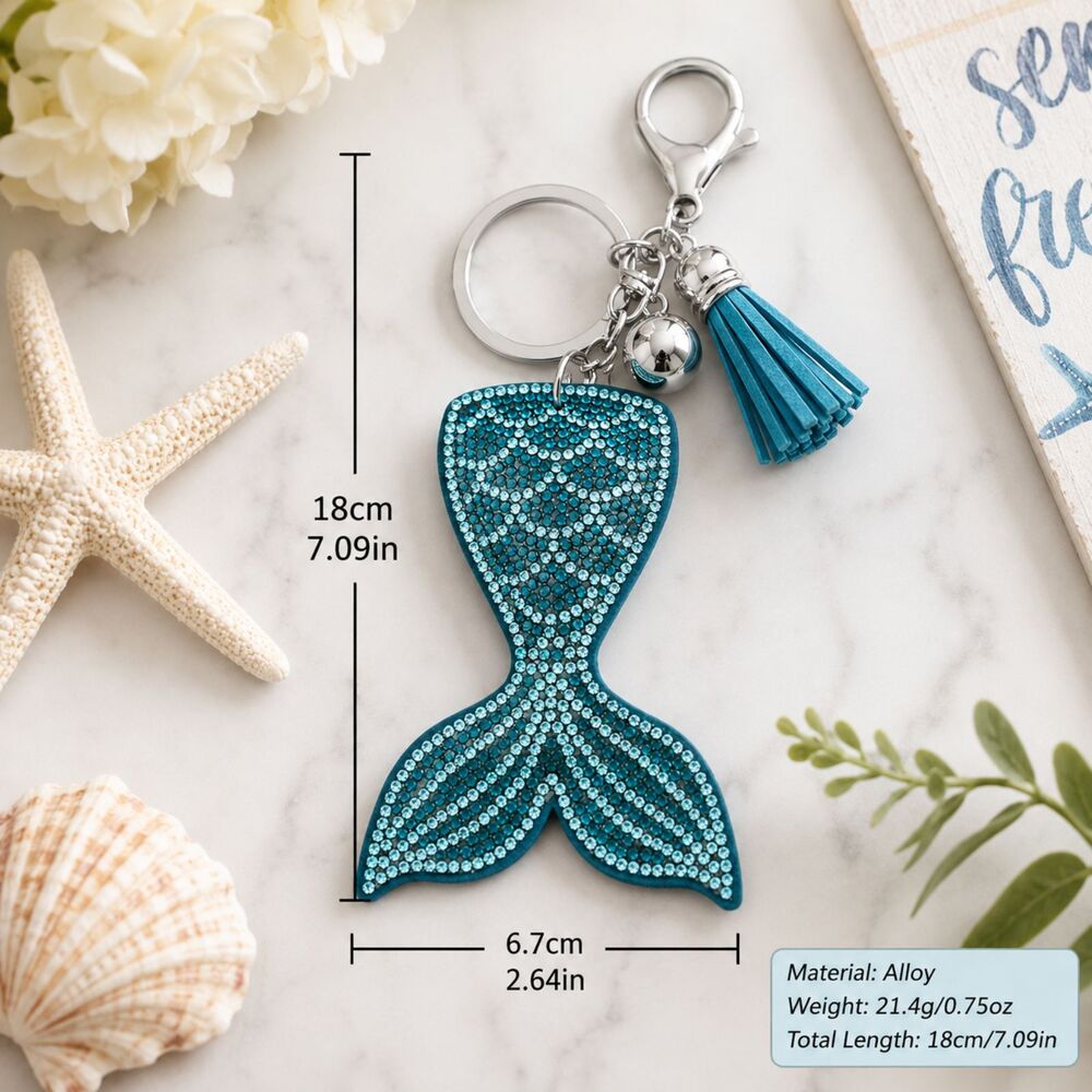 Mermaid Tail Rhinestone Tassel Keychain Purse Charm Aqua Crystal Bag Accessory - Picture 2 of 3